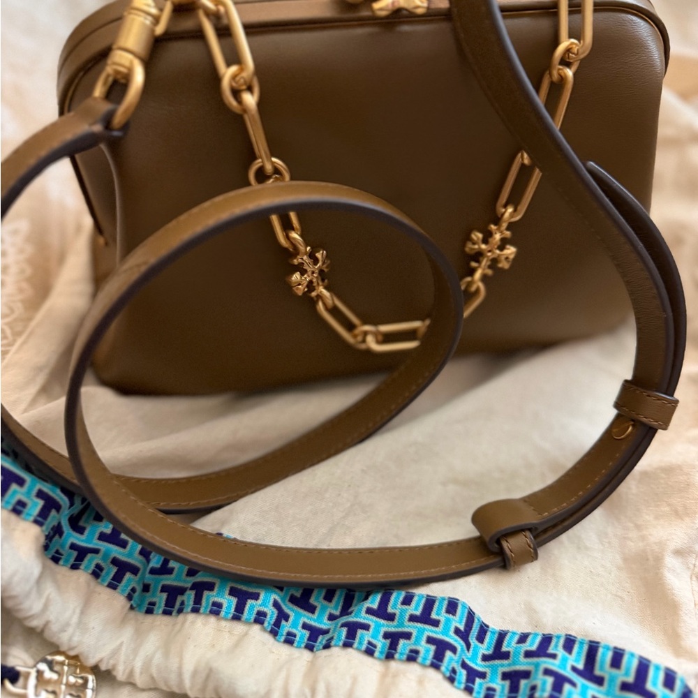 Tory Burch Olive Brown Leather Crossbody with Gold Chain